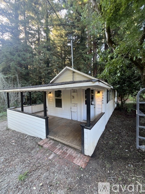 A small white house with a porch is surrounded by trees.