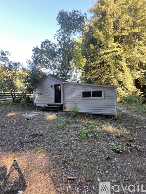 A small house with a metal roof is surrounded by trees.