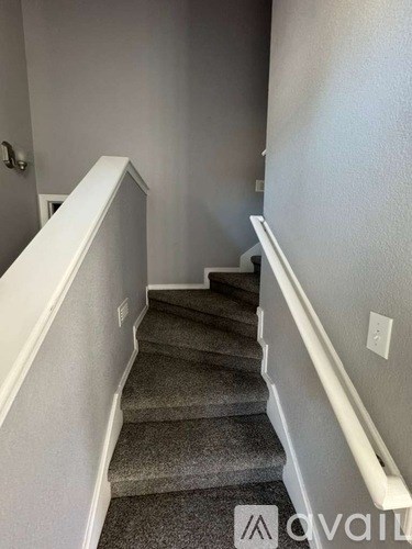 A staircase with a carpeted runner and white handrails.