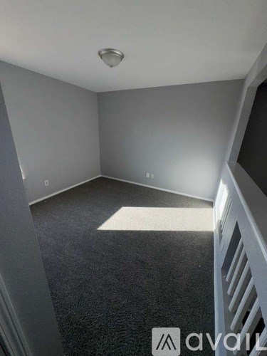 A room with a carpeted floor and a ceiling light.