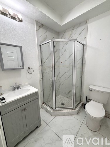 A bathroom with a marble shower and toilet.