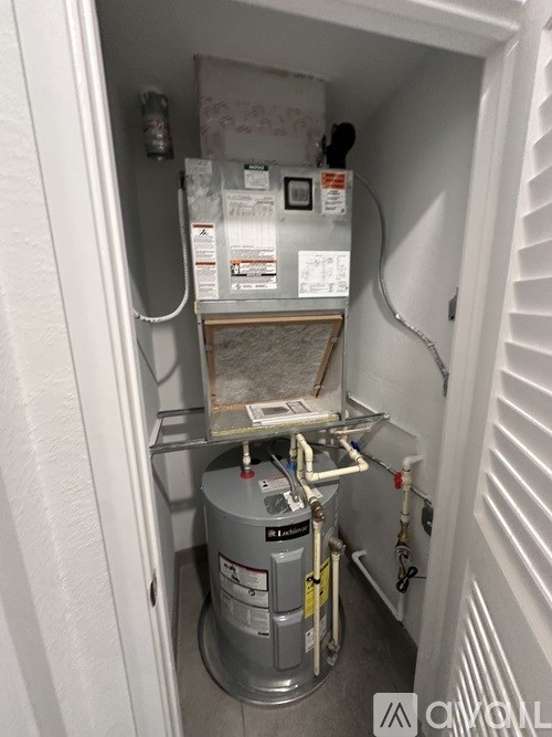 A small, white, enclosed space with a furnace and a water heater.
