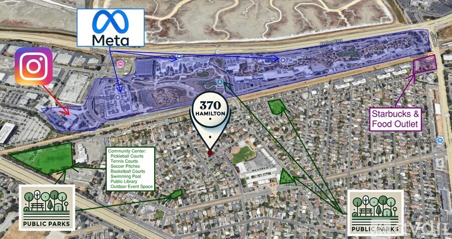 A map shows a Starbucks and a food outlet near a public park.