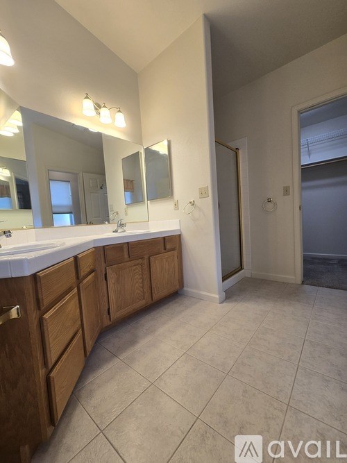 A bathroom with a vanity and a large mirror.