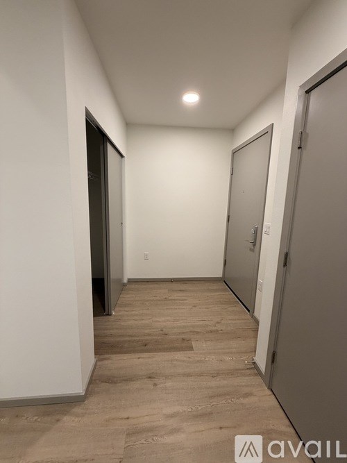 A hallway with a door on the right and a window on the left.