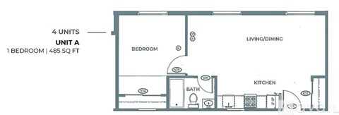A floor plan of a 4 unit apartment building with 1 bedroom apartment labeled as unit A.