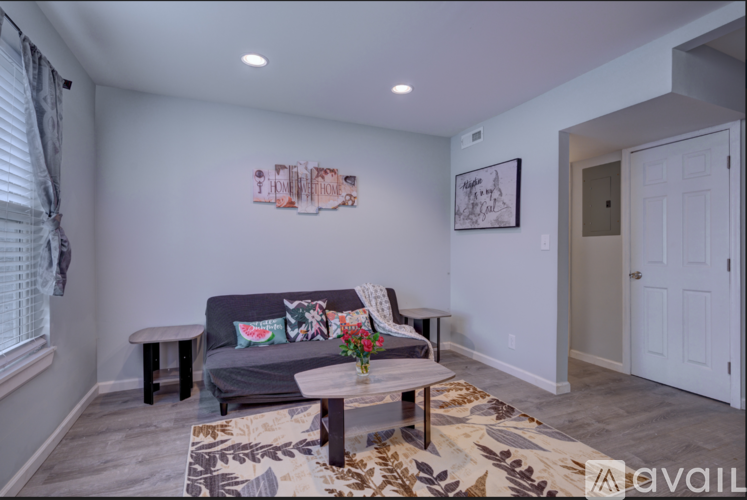 A living room with a grey couch and a patterned rug.