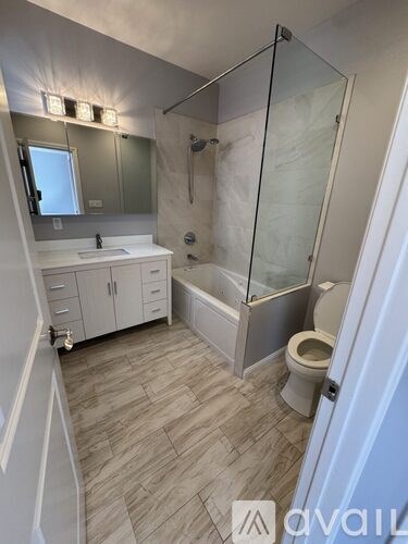 A bathroom with a walk-in shower and a toilet.