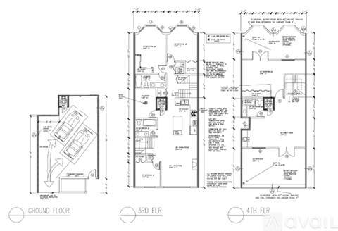 A set of architectural floor plan drawings showing the ground floor, third floor, and fourth floor layouts.