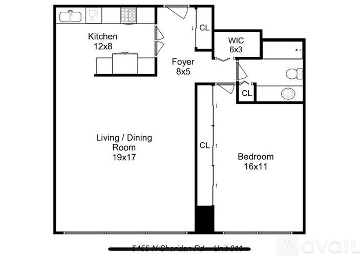 A floor plan of a living space with a kitchen, living/dining room, bedroom, and foyer.
