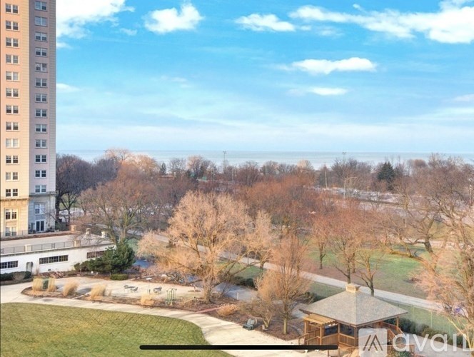 A view of a cityscape with a tall building on the left and a tree-lined park in the foreground.