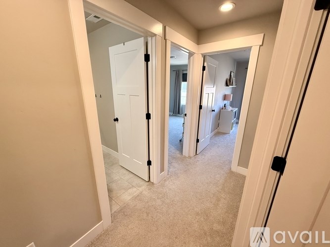A hallway with a white door and a carpeted floor.