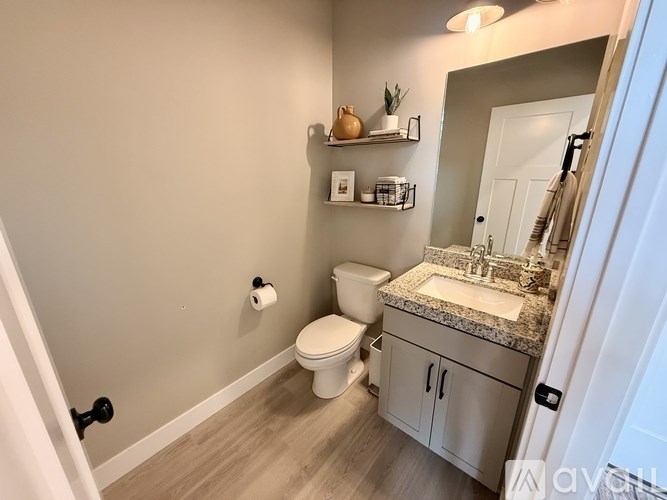 A bathroom with a toilet, sink, and shelves.