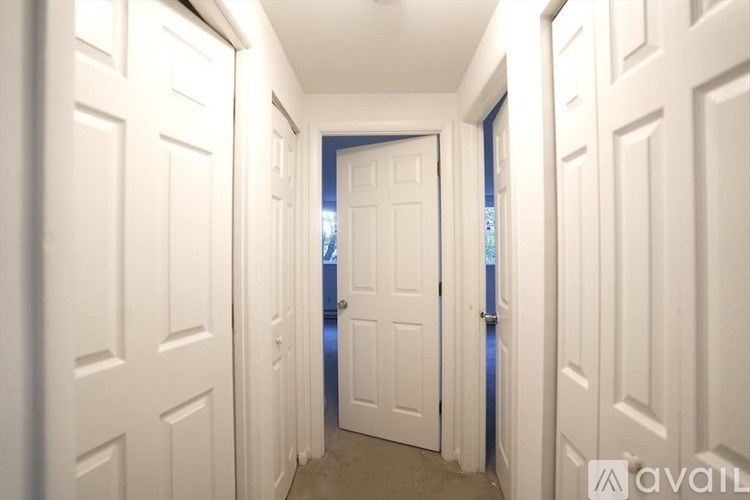 A hallway with white doors and a blue door at the end.