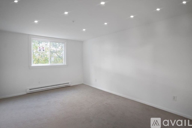 A spacious room with a window and a carpeted floor.