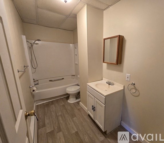 A small bathroom with a toilet, sink, and shower.