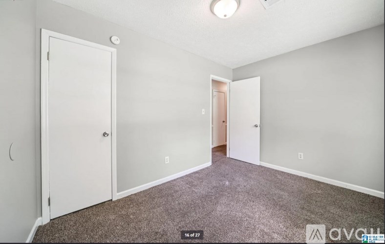 A room with carpeted floor and two doors, one of which is open.