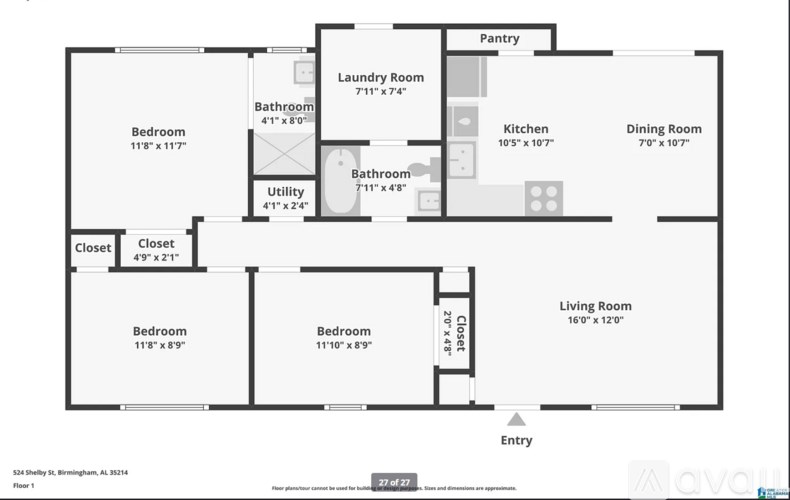 A floor plan of a two-story home with dimensions and room names.