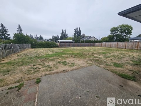A backyard with a concrete slab and a wooden fence.
