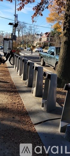 A row of grey bollards are lined up on a sidewalk.