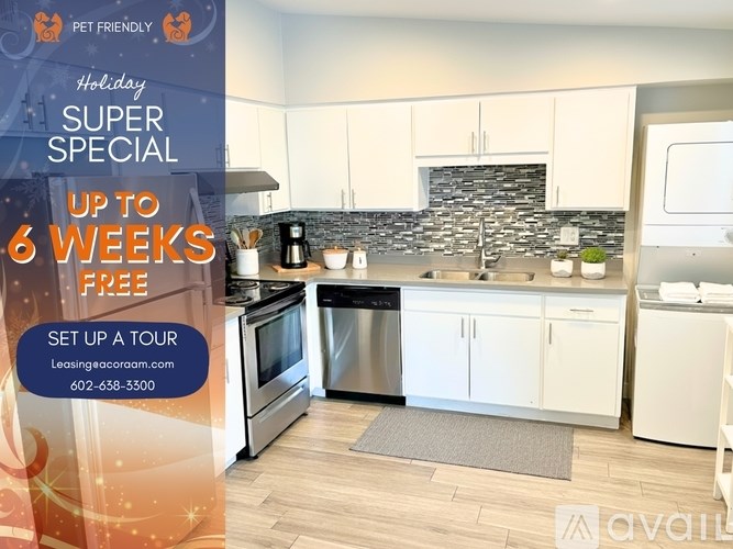 A kitchen with a pet friendly sign offering a 6 week free lease.