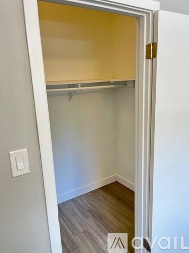 A white door with a gold hinge is open to a room with a white wall and a light switch.
