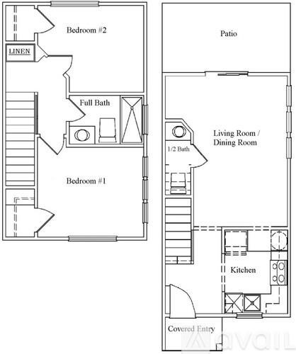 A floor plan of a two bedroom apartment with a living room, dining room, kitchen, and bathrooms.