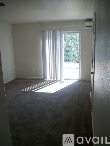 A room with a carpeted floor and a sliding glass door leading outside.