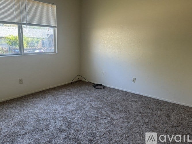 A room with a carpeted floor and a window with blinds.
