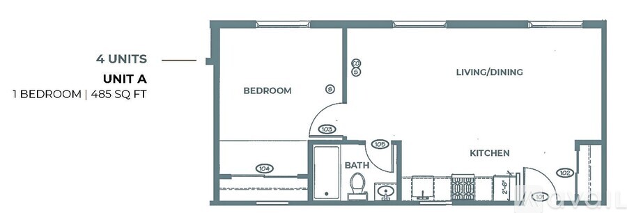 A floor plan of a 4 unit apartment building with 1 bedroom apartment labeled as unit A.
