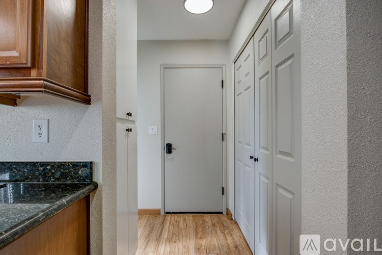 A hallway with a white door and a marble counter top.