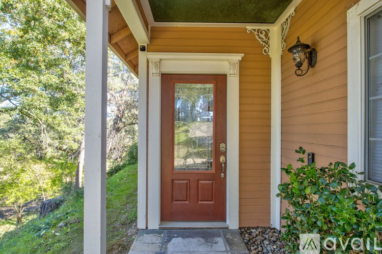 A brown door is on the front of a house.