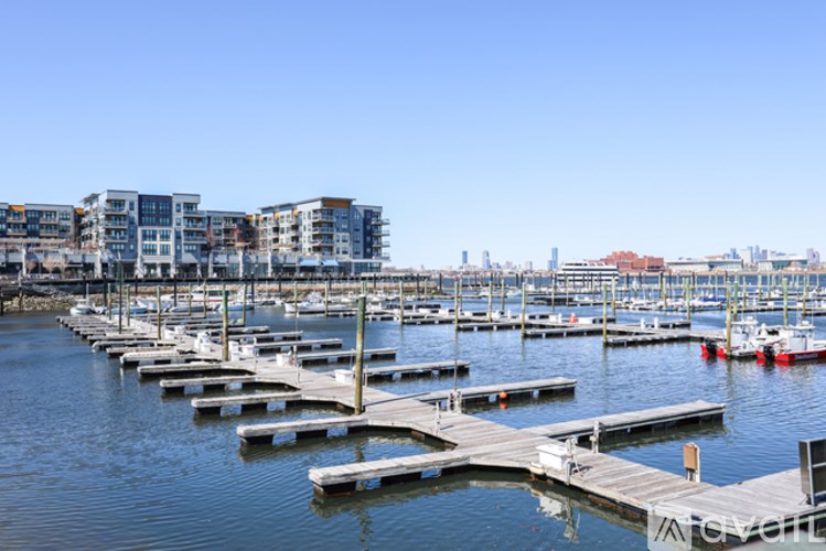 A marina with boats and buildings in the background.