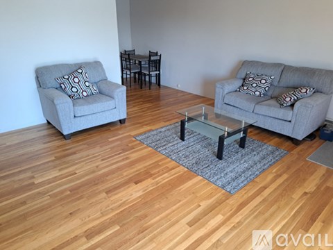 A living room with two grey couches and a glass coffee table.