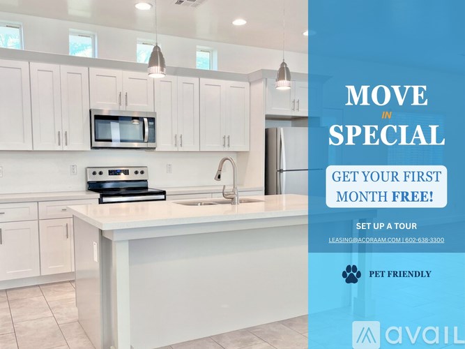 A kitchen with a promotion for a free first month.