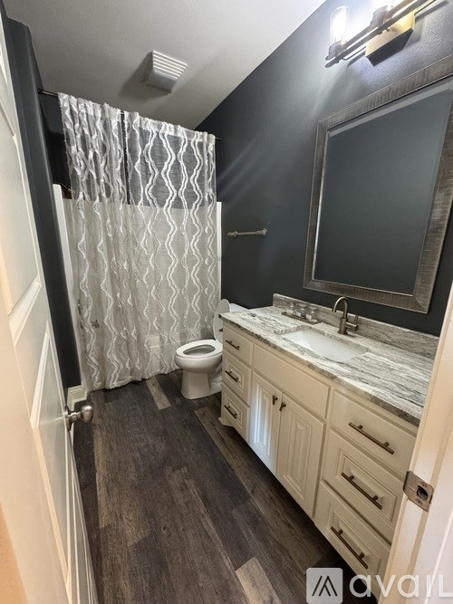 A bathroom with a toilet, sink, and shower curtain.