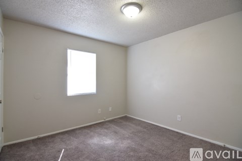 A room with a carpeted floor, a window, and a ceiling light.
