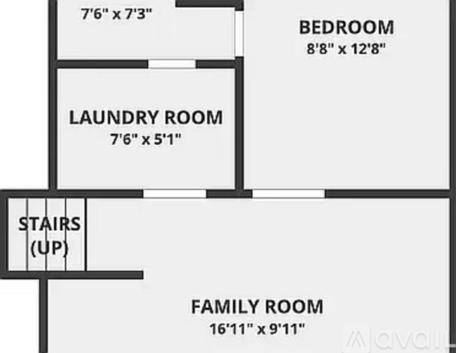 A floor plan shows a bedroom, laundry room, stairs, and family room.