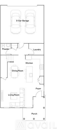 A floor plan of a house with a 2-car garage, powder room, laundry, kitchen, dining room, living room, foyer, and a porch.