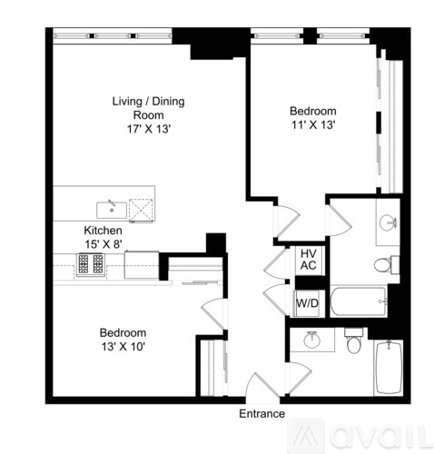 A black and white image of a floor plan for an apartment.