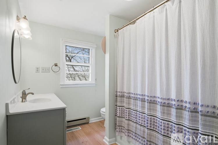 A bathroom with a white sink and a shower curtain.