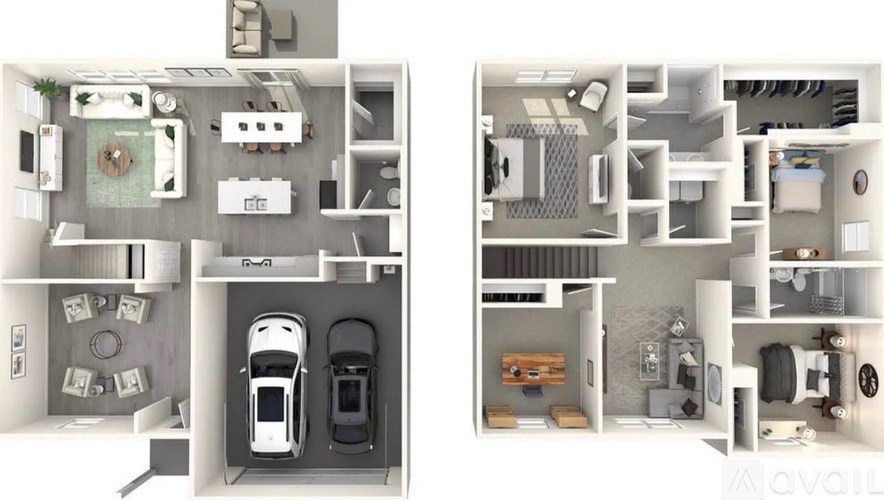 A floor plan of a two-bedroom apartment with a kitchen, living room, and bathroom.