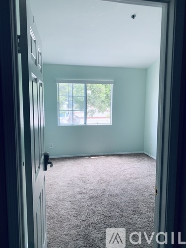 A room with a carpeted floor and a window.