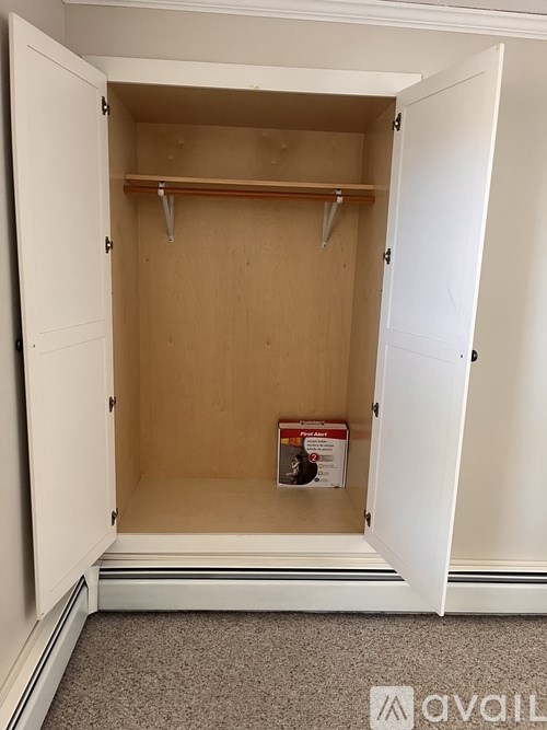 A white closet with a shelf and a box of tissues.