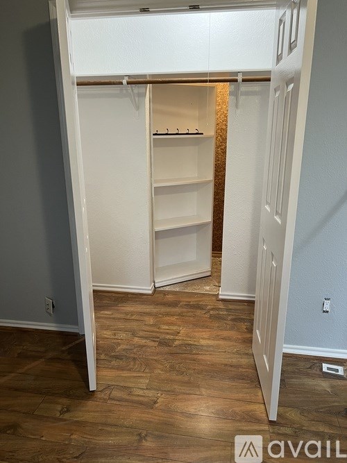 A white closet with shelves and a door open.