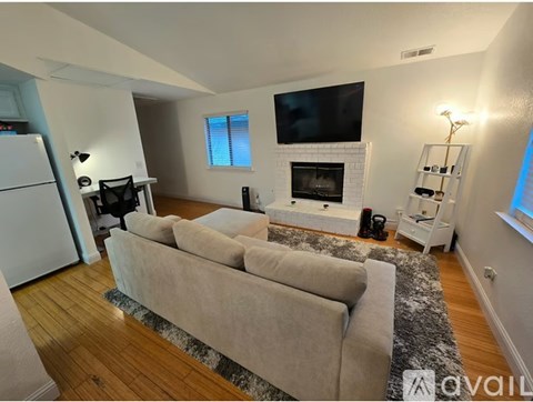 A living room with a grey couch and a fireplace.