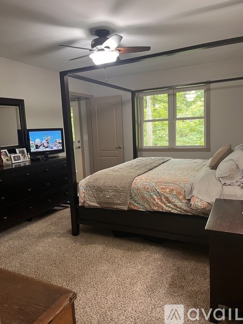 A bedroom with a bed, dresser, and mirror.