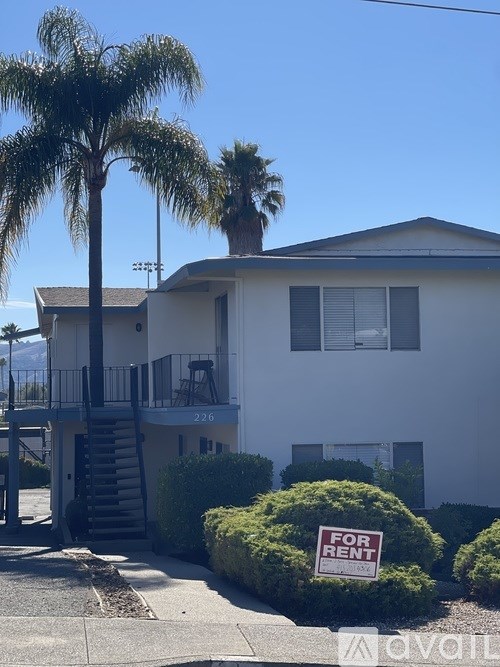 A house with a balcony and a palm tree in front.