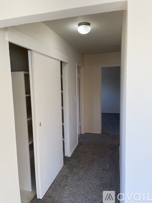 A hallway with a white door and a light on the ceiling.