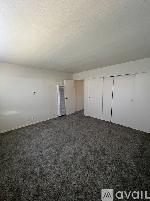 A room with grey carpet and white walls with a door and a cabinet.